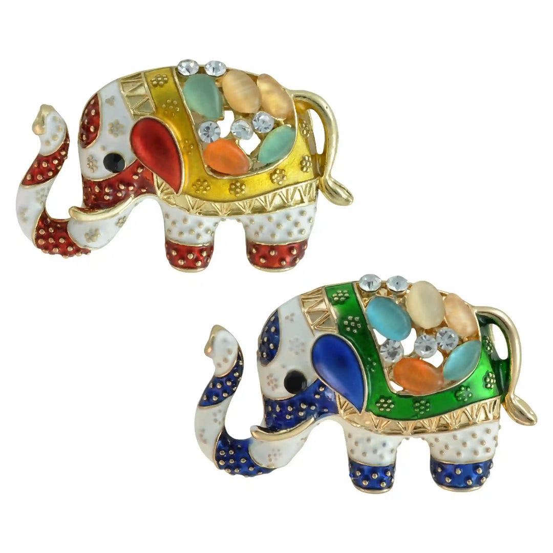 ANI Accessories yellow and green rhinestone elephant brooches side by side on white color background 