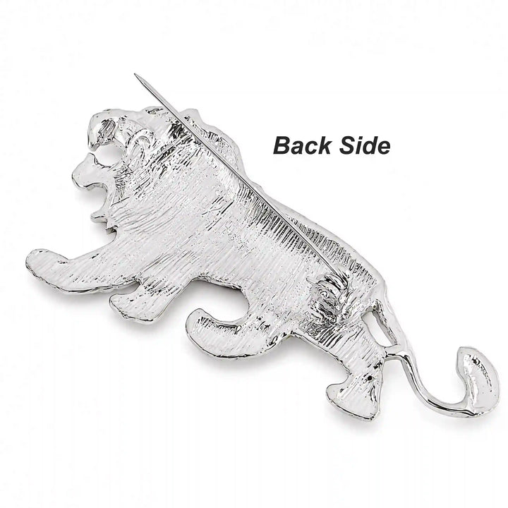 ANI Accessories rhinestone lion brooch back side showing the silver base and pin 