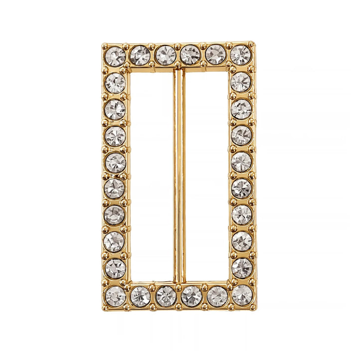 ANI Accessories rectangular gold belt buckle studded with prong-set round rhinestones and central bar, front view on white Background.