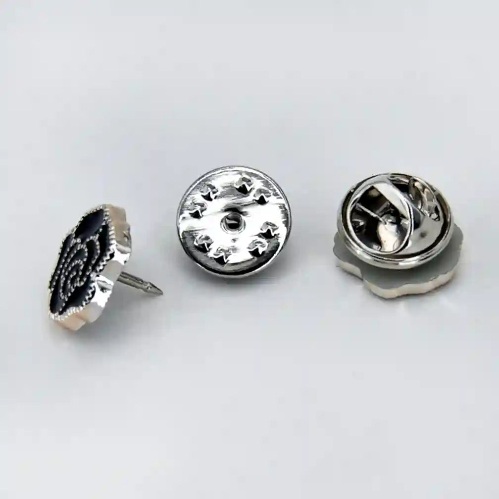 ANI Accessories rose lapel pin shown from the side and back with butterfly clutches 