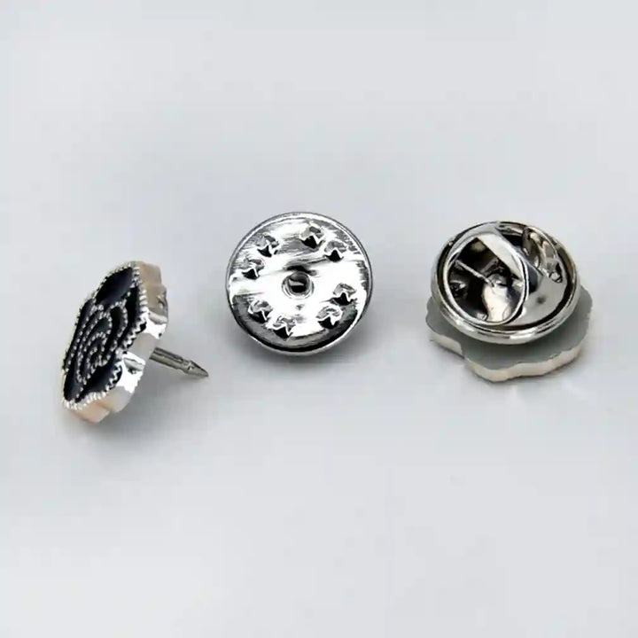 ANI Accessories rose lapel pin shown from the side and back with butterfly clutches 