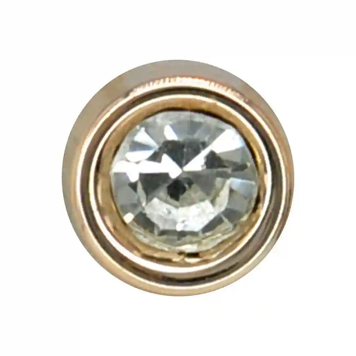 ANI Accessories round crystal lapel pin with faceted clear stone in a gold-tone rim, front view 