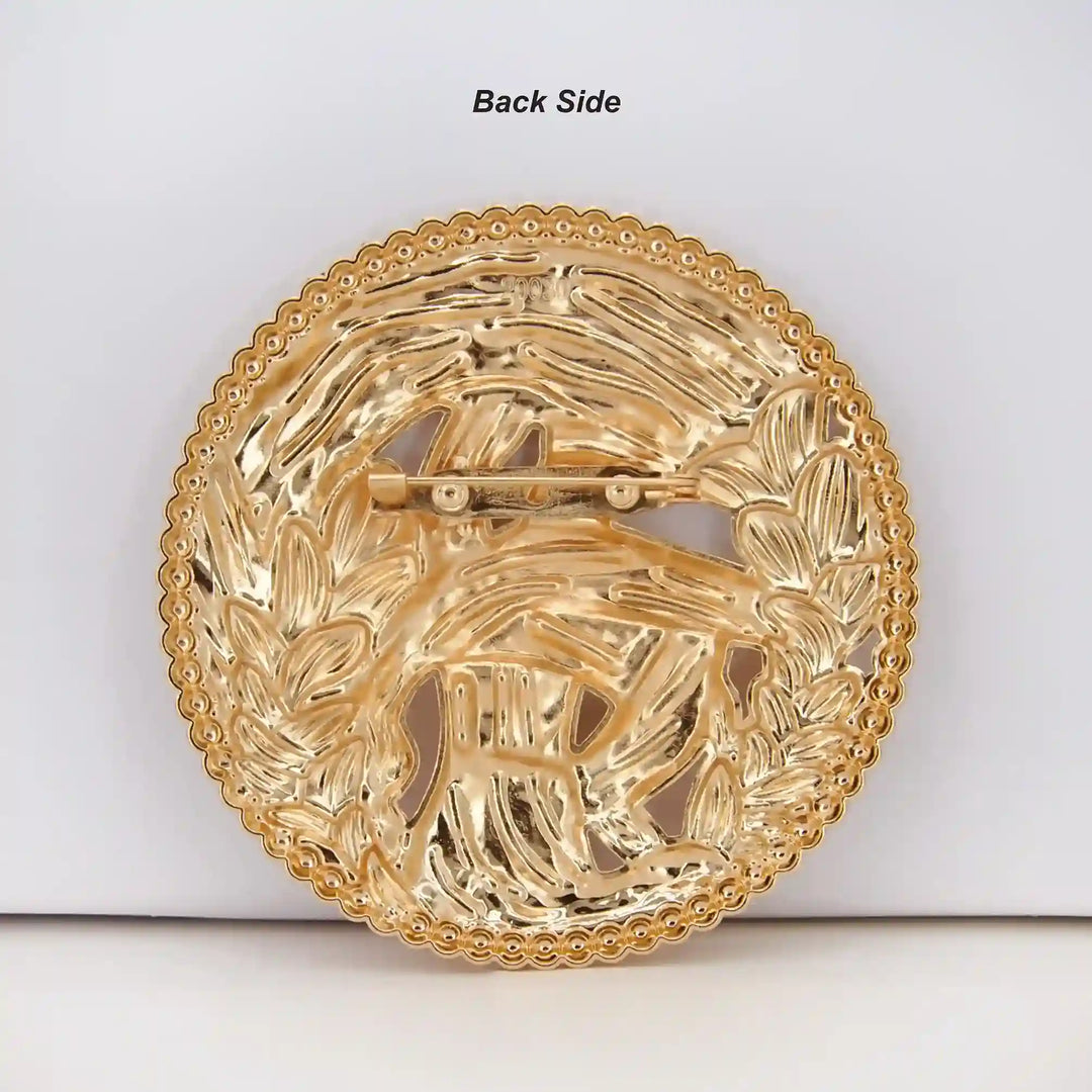 ANI Accessories round gold medallion brooch back side showing the pin with white color background 