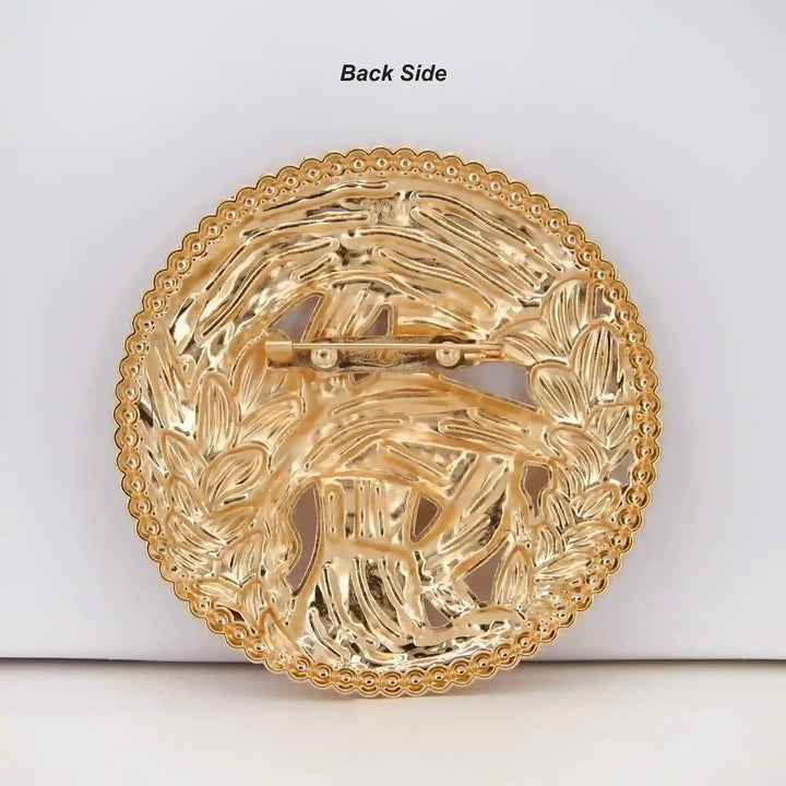 ANI Accessories round gold medallion brooch back side showing the pin with white color background 