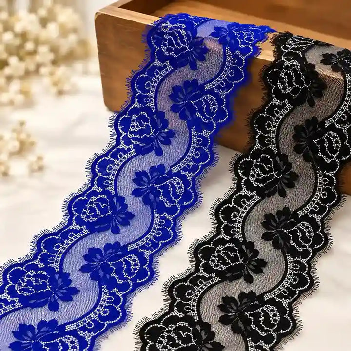 ANI Accessories royal blue and black Chantilly lace with roses on a wooden surface 