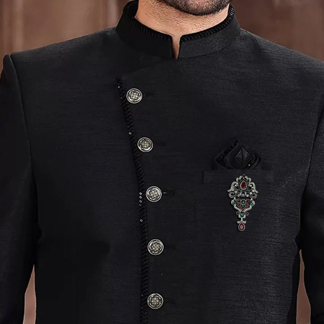 ANI Accessories royal brooch for jodhpuri suit pinned on a black bandhgala 