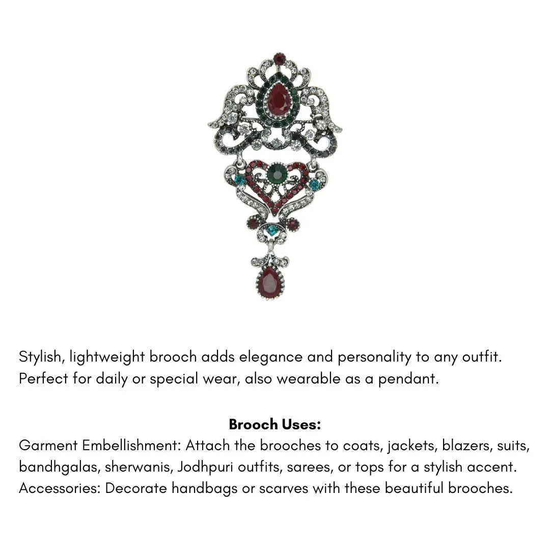 ANI Accessories royal heirloom crystal brooch with a list of uses on suits, sarees, sherwanis and bags 