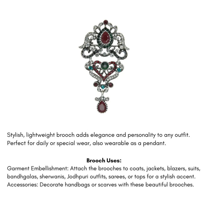 ANI Accessories royal heirloom crystal brooch with a list of uses on suits, sarees, sherwanis and bags 