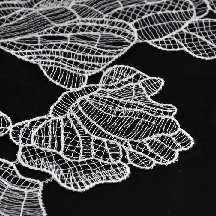 ANI Accessories close-up of ruffled petals with vein lines on a white guipure style patch 