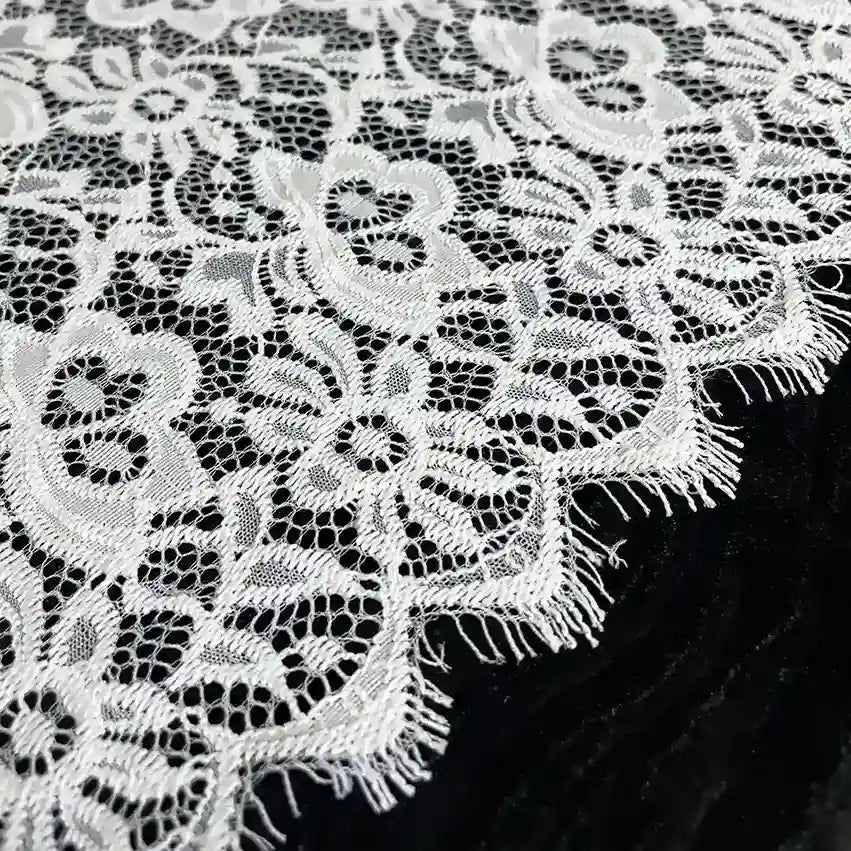 ANI Accessories scalloped Chantilly lace trim showing the eyelash edge with white color background 