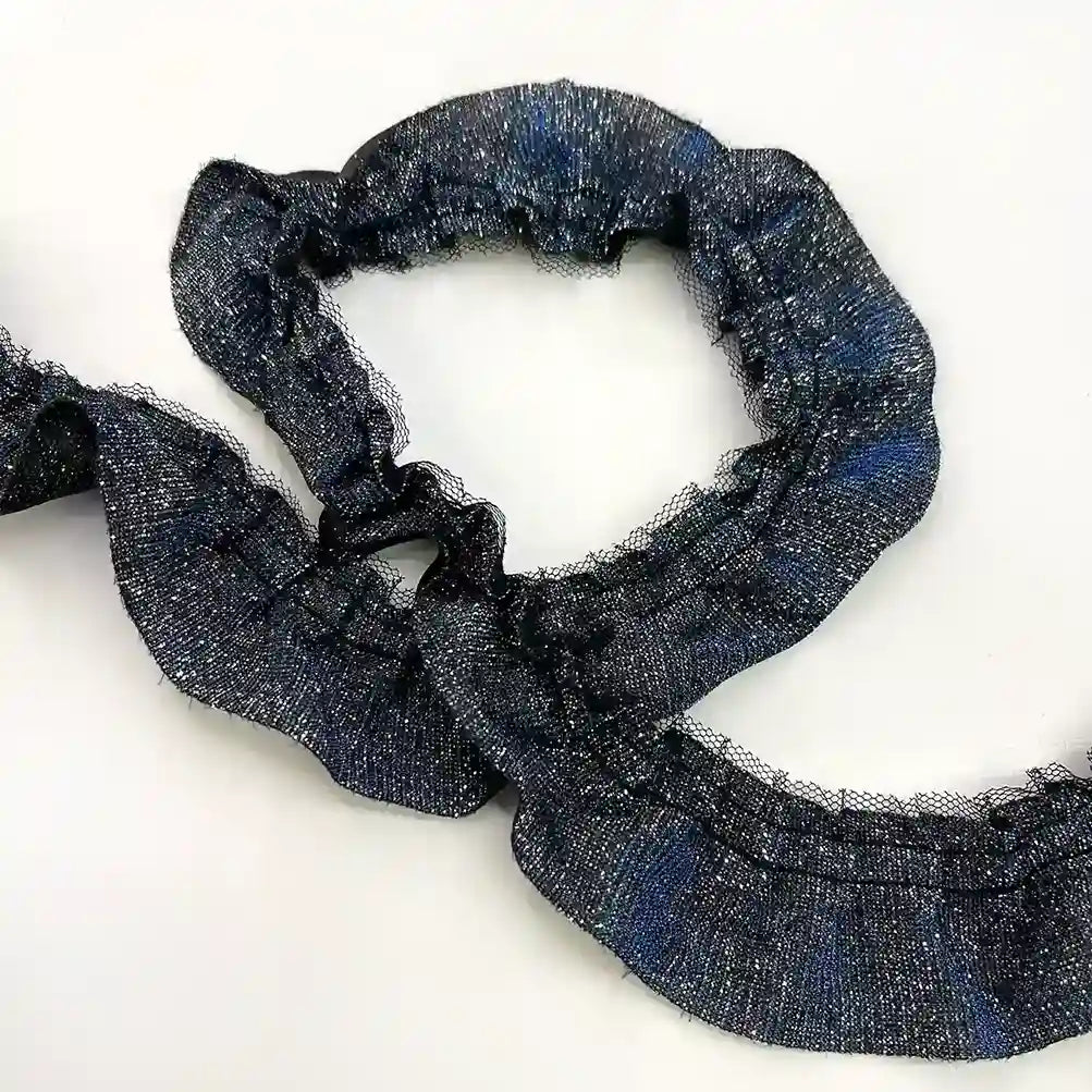 ANI Accessories shimmer frill lace in navy blue curled in a loop 