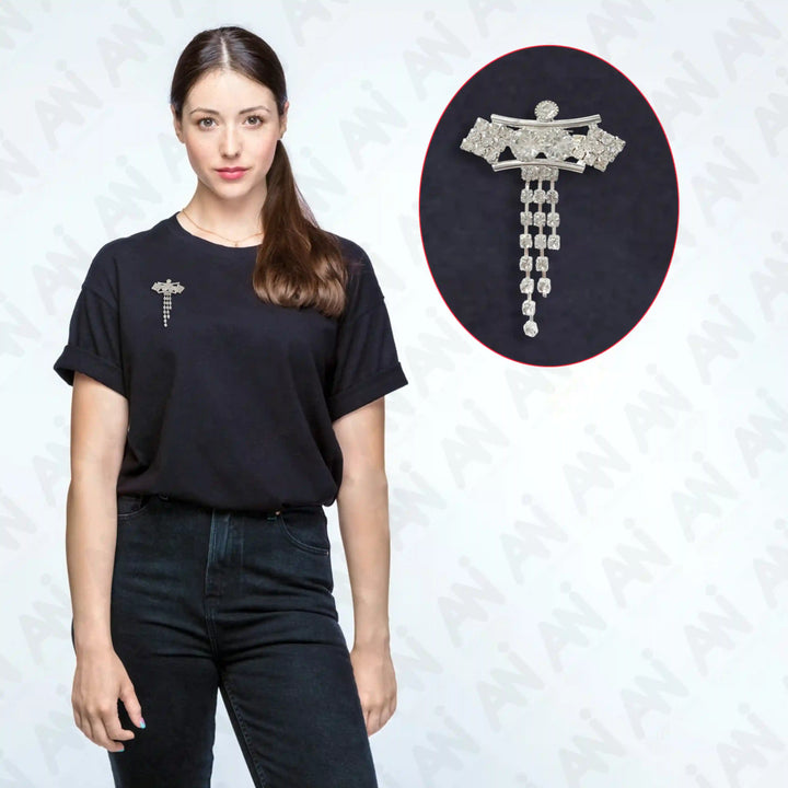 Shiny Silver Rhinestone & Crystal Brooch for Enhance Fashion displayed on a black shirt model