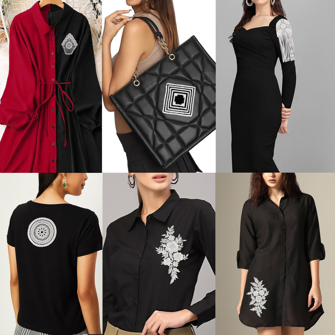 ANI Accessories shirt pocket patch shown on six garments, including shirts and a bag 