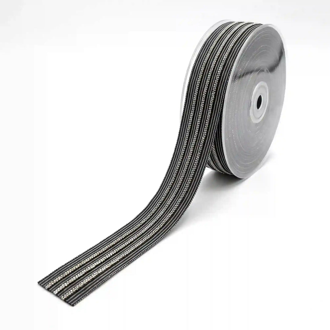 ANI Accessories silver beads lace on black tape, 2.7 cm, on a roll with white color background 