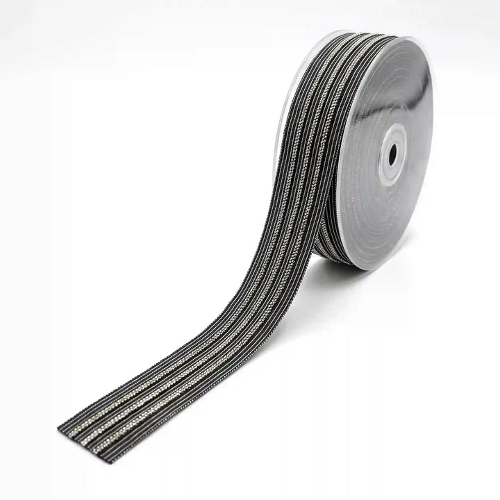 ANI Accessories silver beads lace on black tape, 2.7 cm, on a roll with white color background 