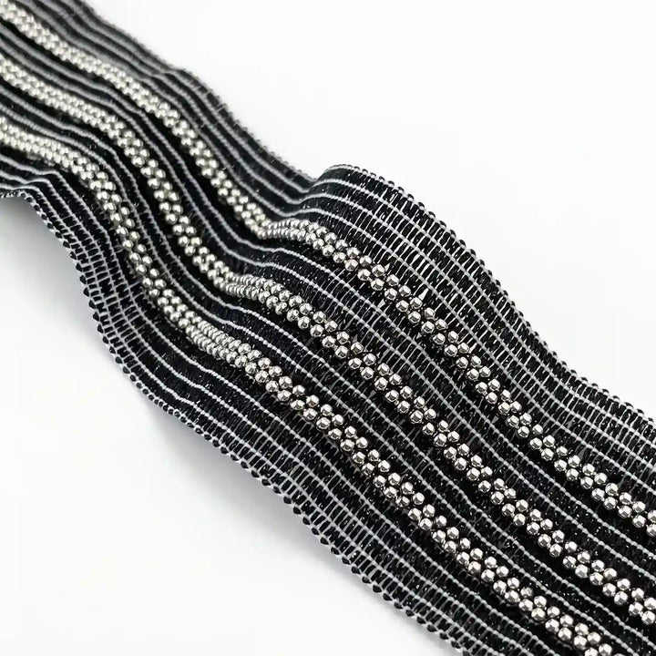 ANI Accessories close-up of silver beads lace border on black, layered strips with white color backgrounds