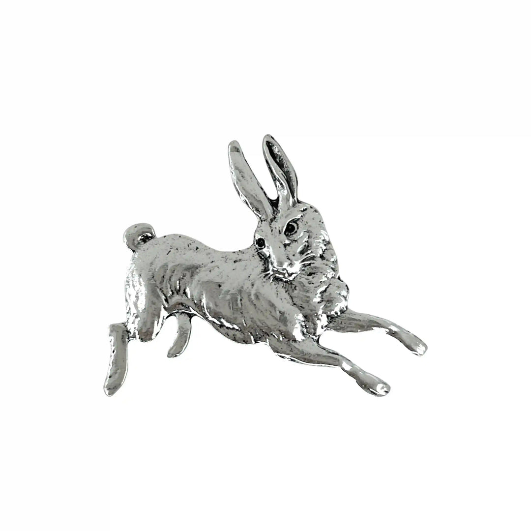 ANI Accessories silver rabbit brooch in a leaping pose with engraved fur detail 