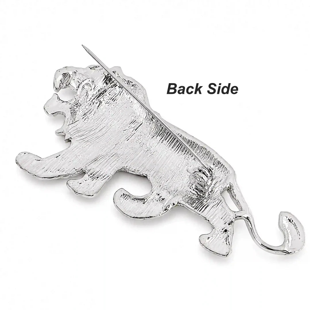 ANI Accessories silver lion brooch back side showing the pin with white color background 