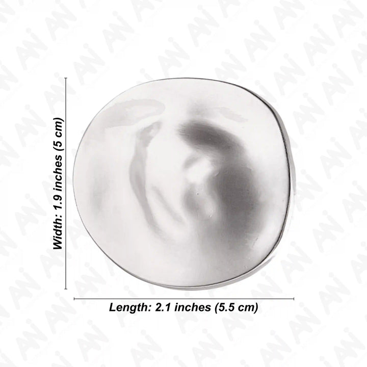 ANI Accessories silver moon brooch worn on a woman's brown blazer with white color background 