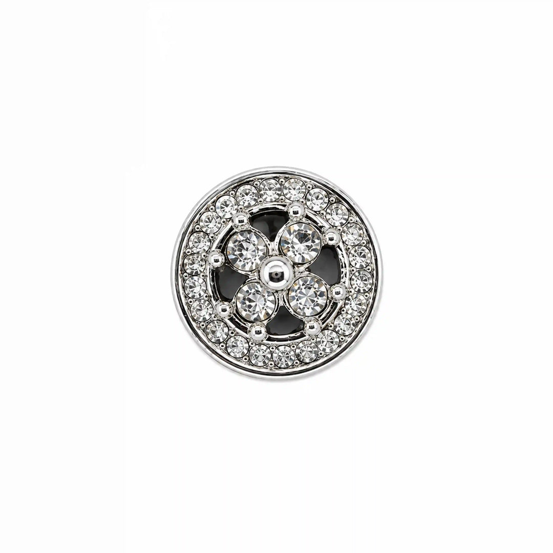 ANI Accessories silver quatrefoil rhinestone metal button with four centre stones and pave border, front view