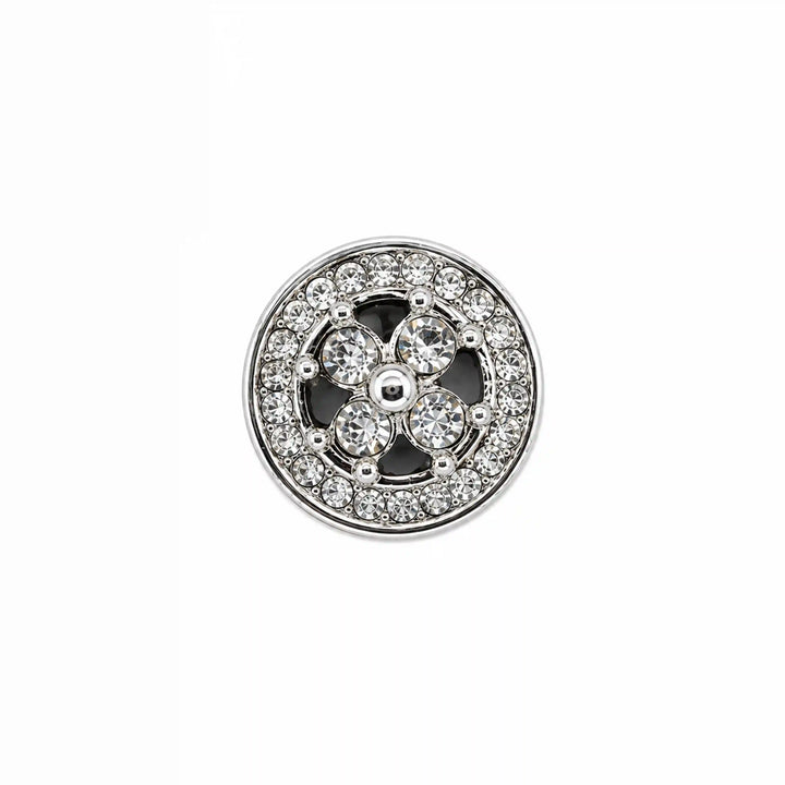 ANI Accessories silver quatrefoil rhinestone metal button with four centre stones and pave border, front view