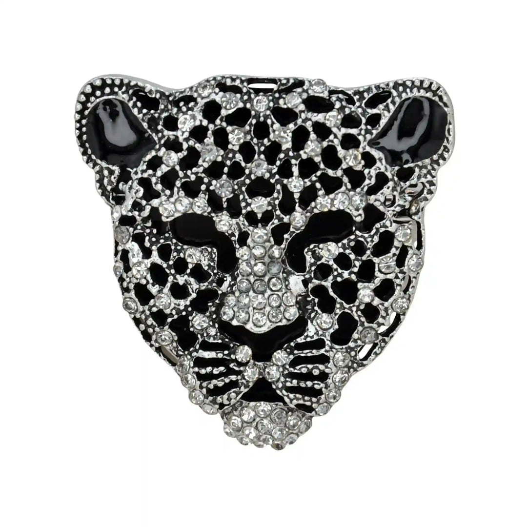 ANI Accessories silver rhinestone leopard brooch with black spots, front view on white color Background 
