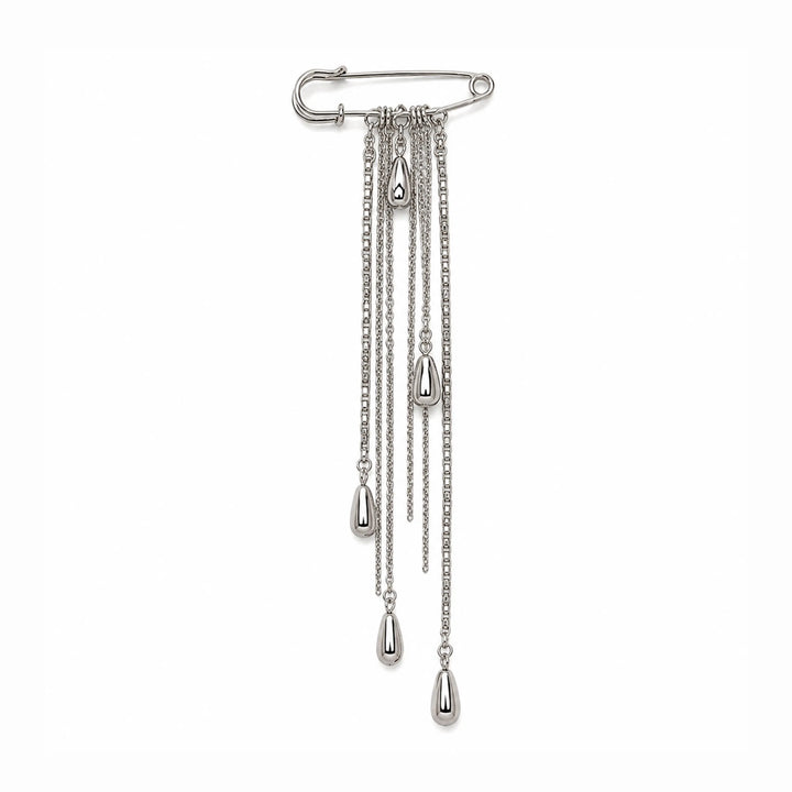 ANI Accessories silver safety pin brooch with long chain tassels and teardrop drops, on white color background 