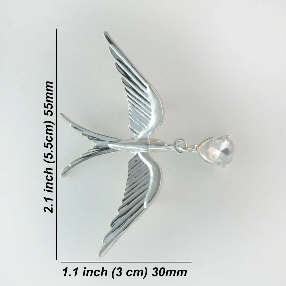 Silver swallow brooch size chart, 5.5 x 3 cm with white color background 