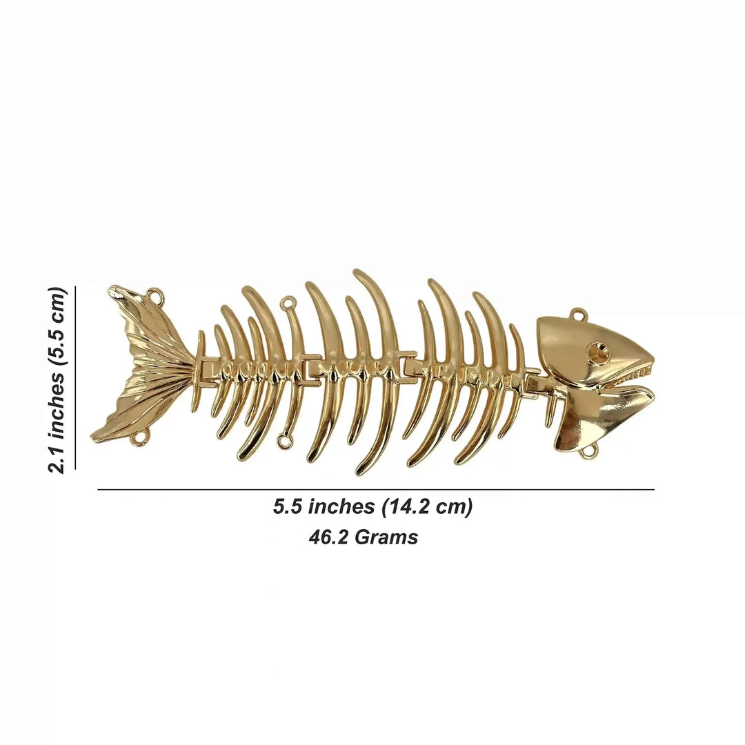 ANI Accessories skeleton fish brooch size chart: 14.2 x 5.5 cm (5.5 x 2.1 inches), 46.2 grams with white color background 
