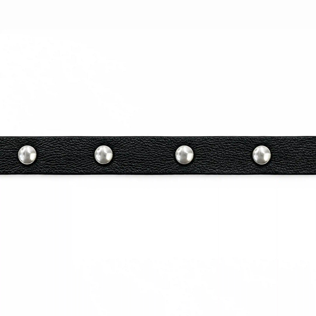 ANI Accessories slim black studded leather trim laid flat on white background 