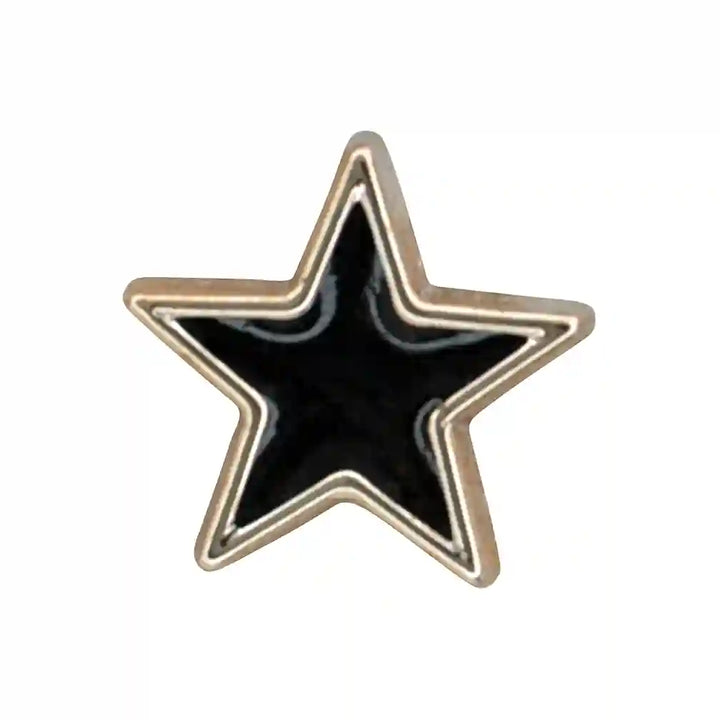 ANI Accessories small black star lapel pin with raised silver outline, front view on white with white color background 