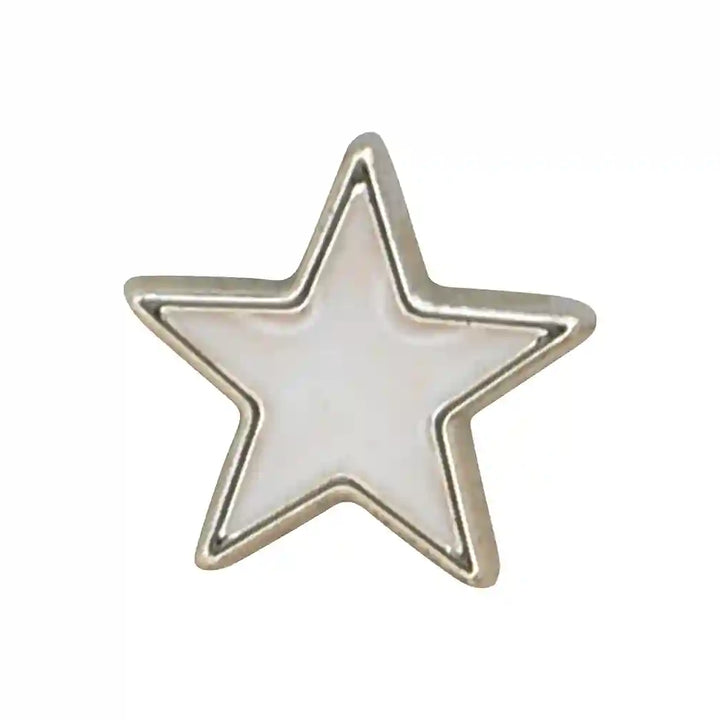 ANI Accessories small white star lapel pin with raised silver outline, front view on white color background 