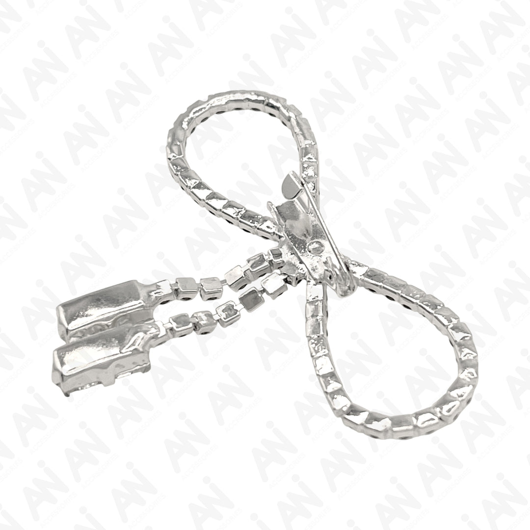 Ani Accessories Sparkling Bow Brooch with Hanging Sapphire Two Stone in Elegant Silver Finish