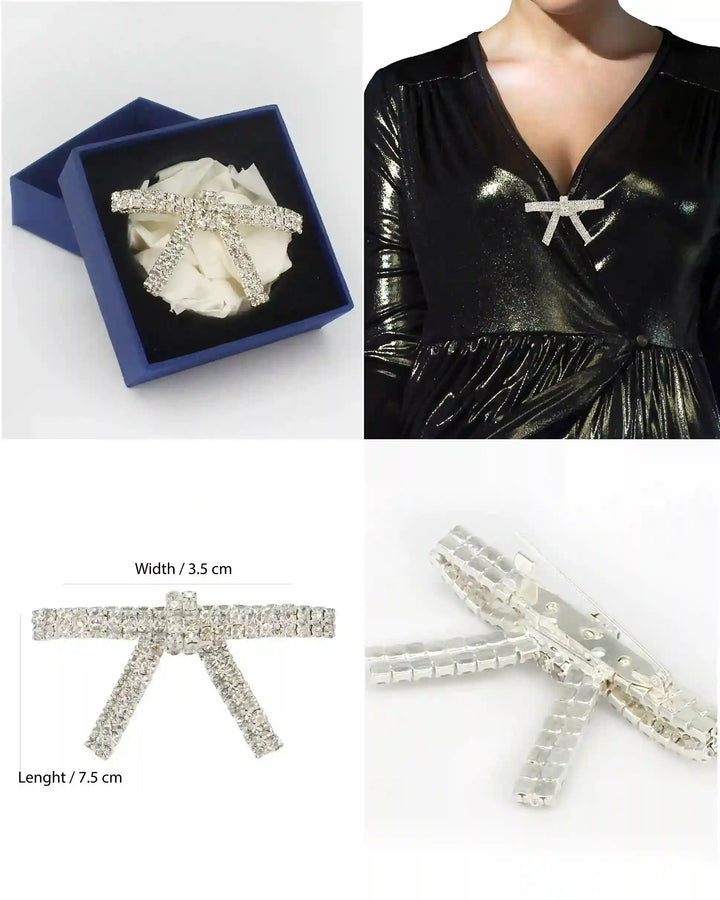 Elegant Sparkling Rhinestone Metal Brooches for Women displayed in a gift box and worn on a stylish outfit
