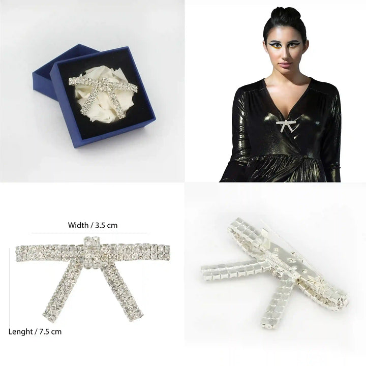 Elegant Sparkling Rhinestone Metal Brooches for Women displayed on a blue box with model wearing it