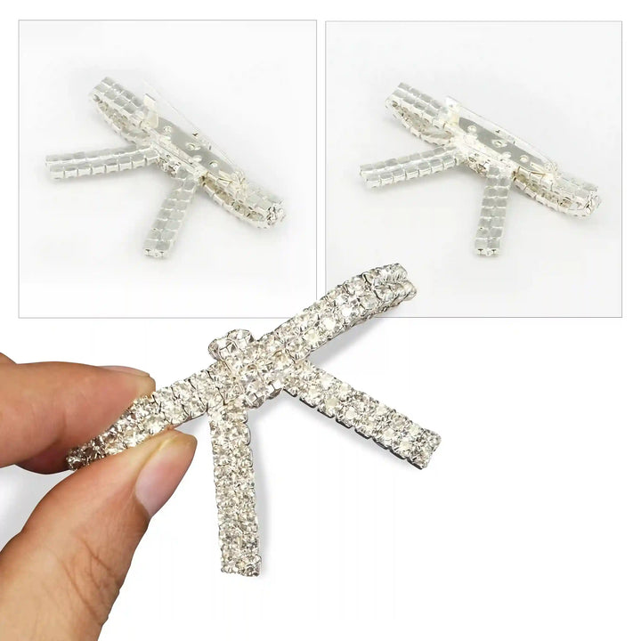 Sparkling Rhinestone Metal Brooches for Women in a silver finish, shown in hand with intricate design