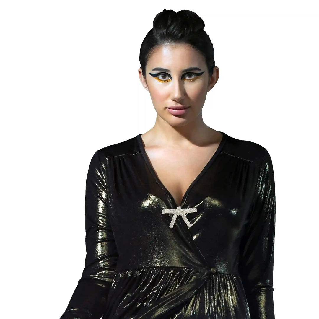 Elegant woman wearing a black dress adorned with Sparkling Rhinestone Metal Brooches for Women