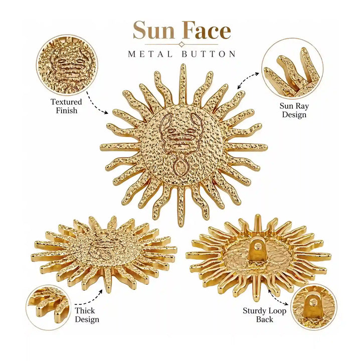 ANI Accessories sun face metal button details showing rays and hammered texture with white color background 