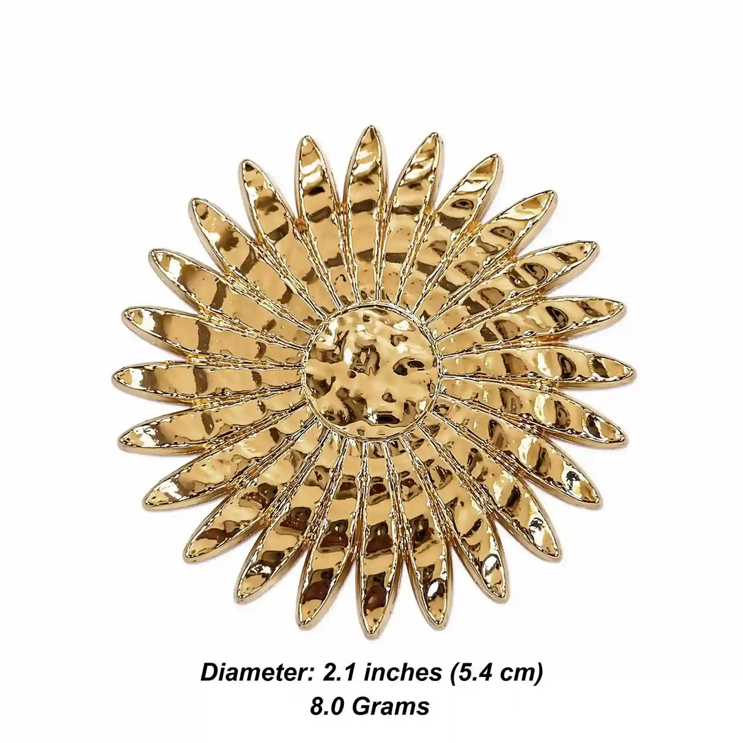ANI Accessories sun style metal brooch size chart: 5.4 cm (2.1 inches) diameter, 8 grams 