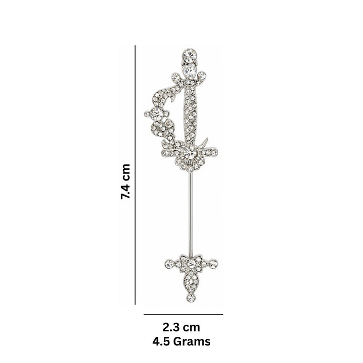 ANI Accessories sword brooch pin size chart showing 7.4 x 2.3 cm and 4.5 grams with white color background 