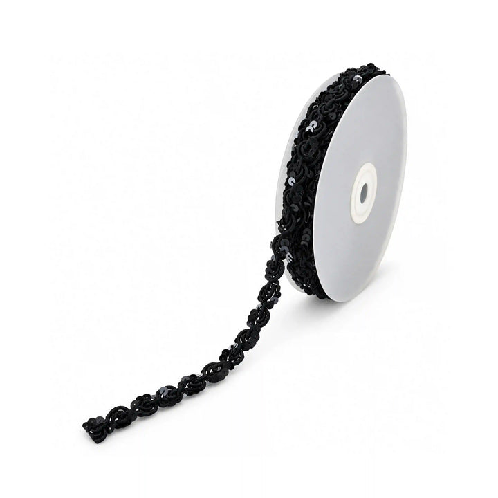 ANI Accessories thin black sequin lace on a roll, 7 mm cord braid trim with white color background 