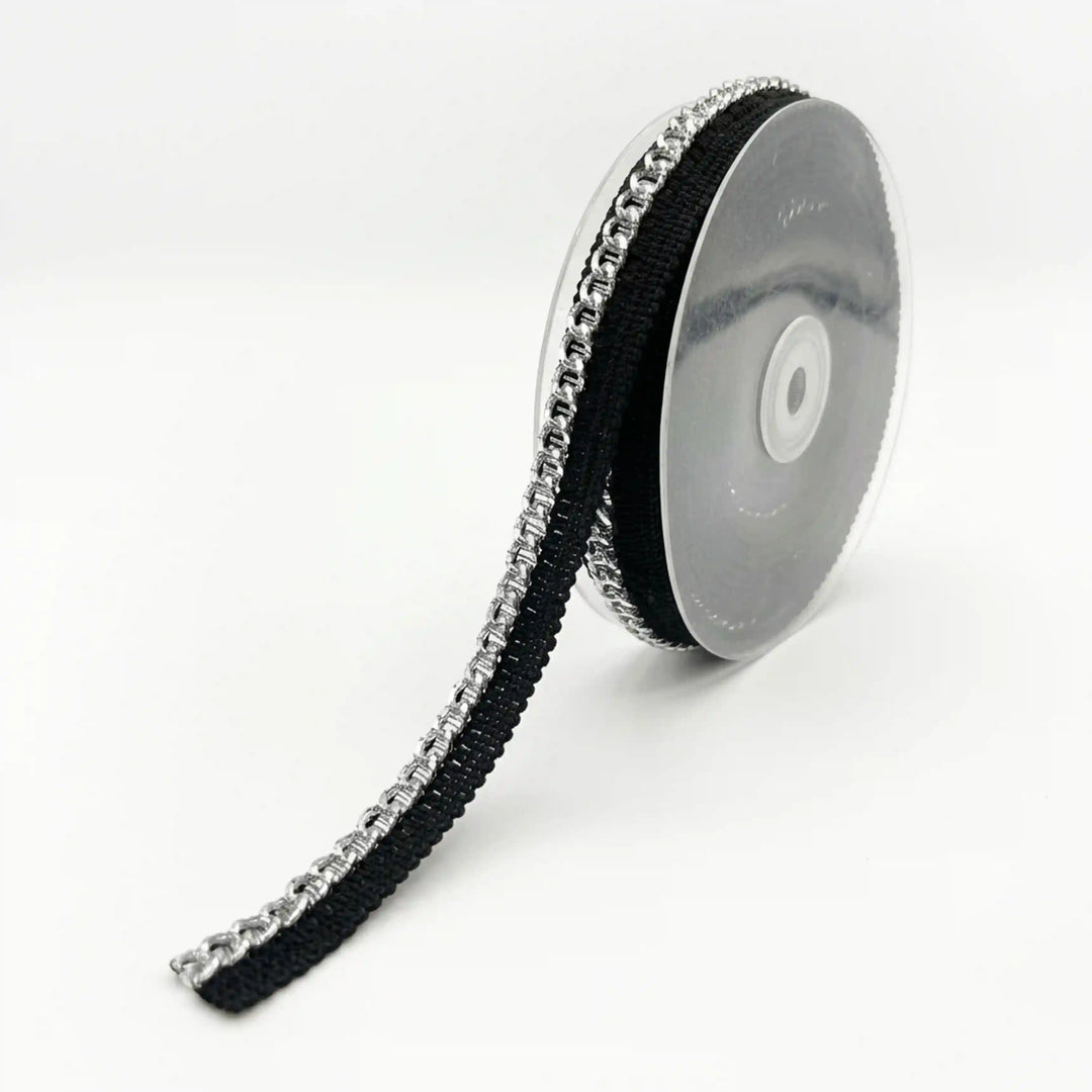 ANI Accessories thin black silver chain lace on a roll, 1.5 cm wide with white color background 