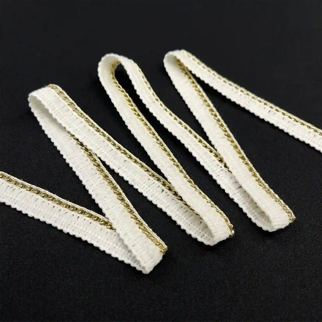 ANI Accessories thin golden piping lace held in hand 