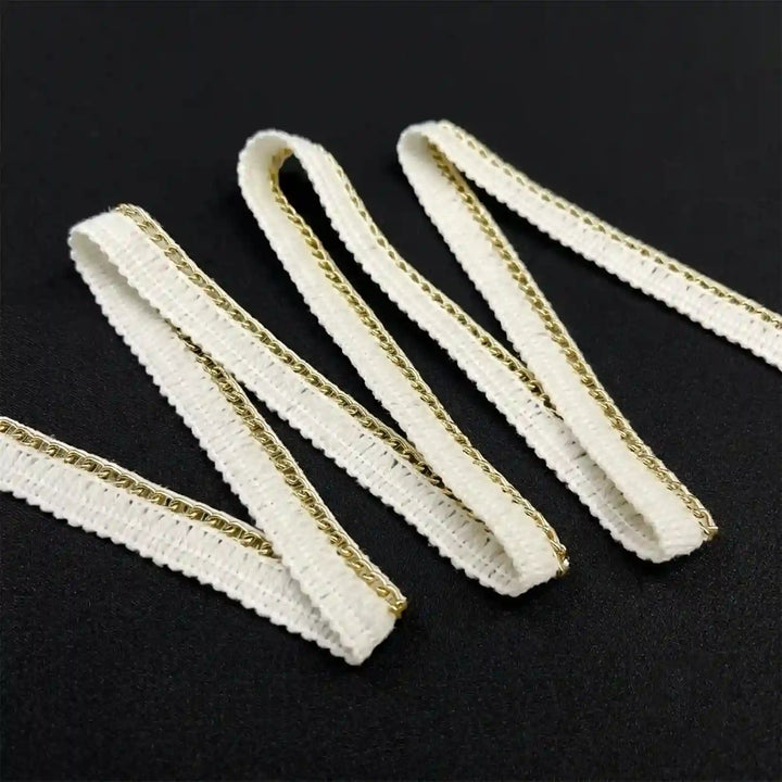 ANI Accessories thin golden piping lace held in hand 