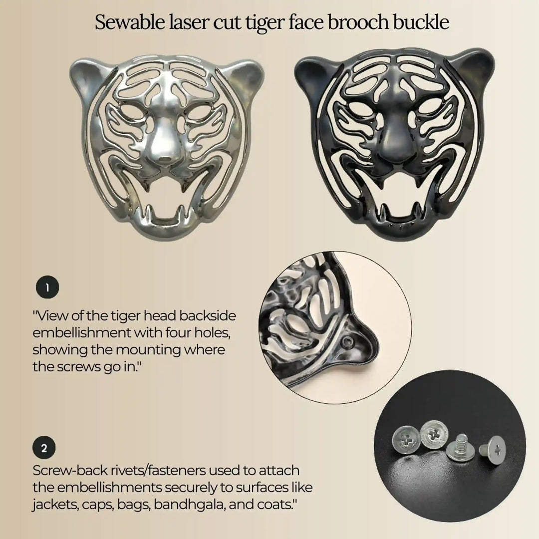 Laser-cut tiger face emblem infographic showing mounting holes and screw fittings
with white color background 