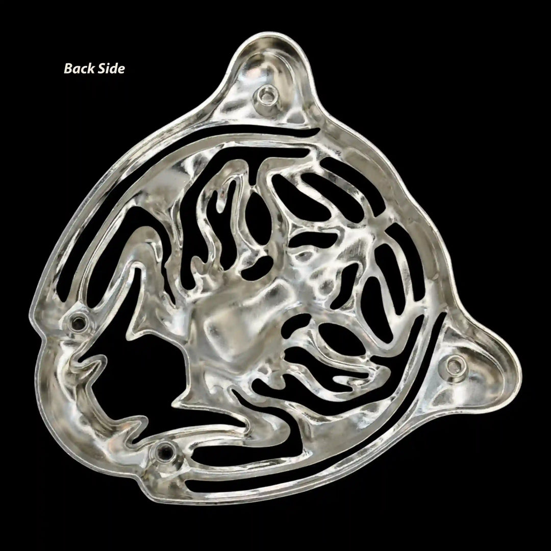 Back side of the silver tiger face emblem showing the mounting points with black color background 