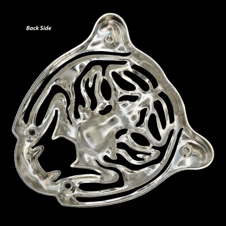 Back side of the silver tiger face emblem showing the mounting points with black color background 