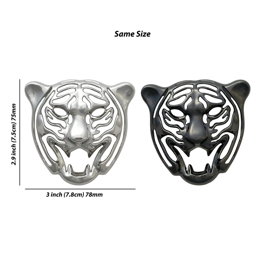 Tiger head emblem size chart, 7.8 x 7.5 cm, same size in silver and gunmetal with white color background 
