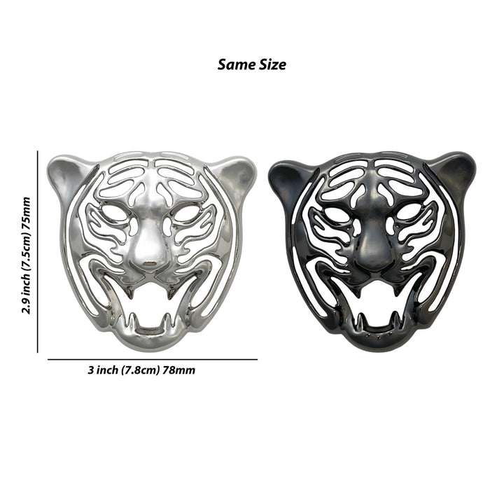 Tiger head emblem size chart, 7.8 x 7.5 cm, same size in silver and gunmetal with white color background 