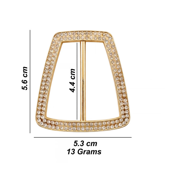 ANI Accessories trapezoid rhinestone gold belt buckle size chart: 5.6 cm x 5.3 cm, 4.4 cm inner opening, 13 grams weight.